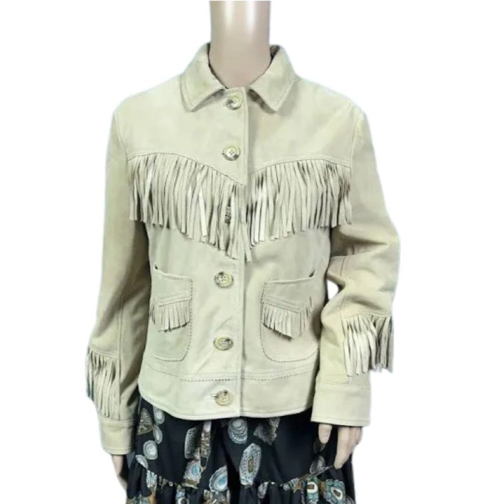Lauren Ralph Lauren Womens Fringe Trim Goat Suede Jacket In Camel